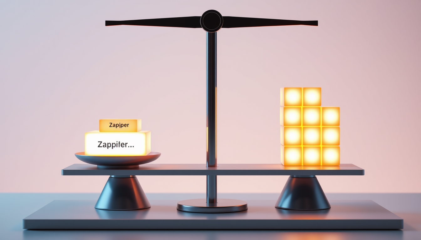 Zapier의 Task 기반 가격 모델과 Make의 Operation 기반 가격 모델의 비용 효율성을 저울로 비교하는 상징적인 이미지