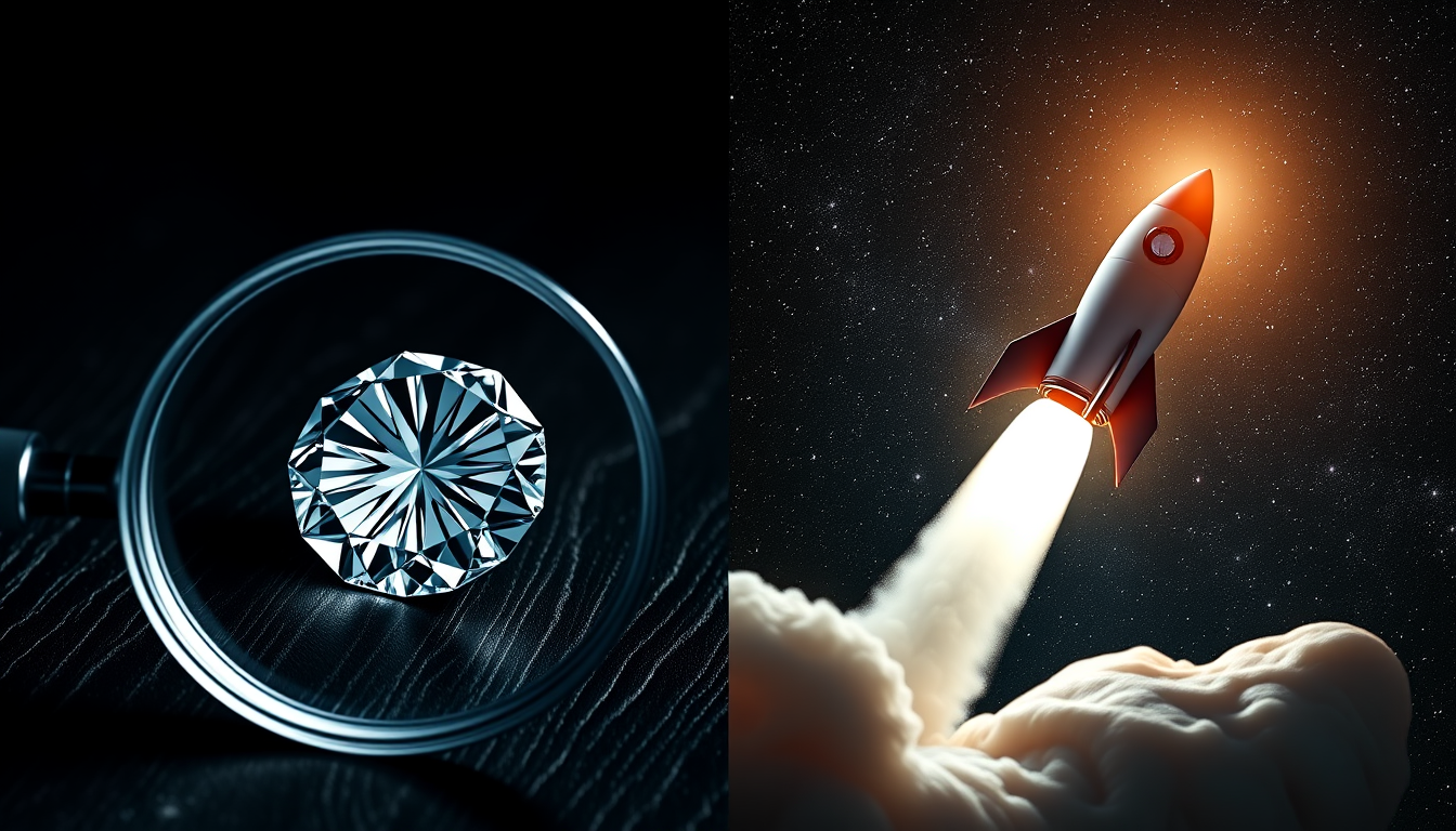 가치주와 성장주의 차이를 보여주는, 다이아몬드와 우주 로켓의 대비