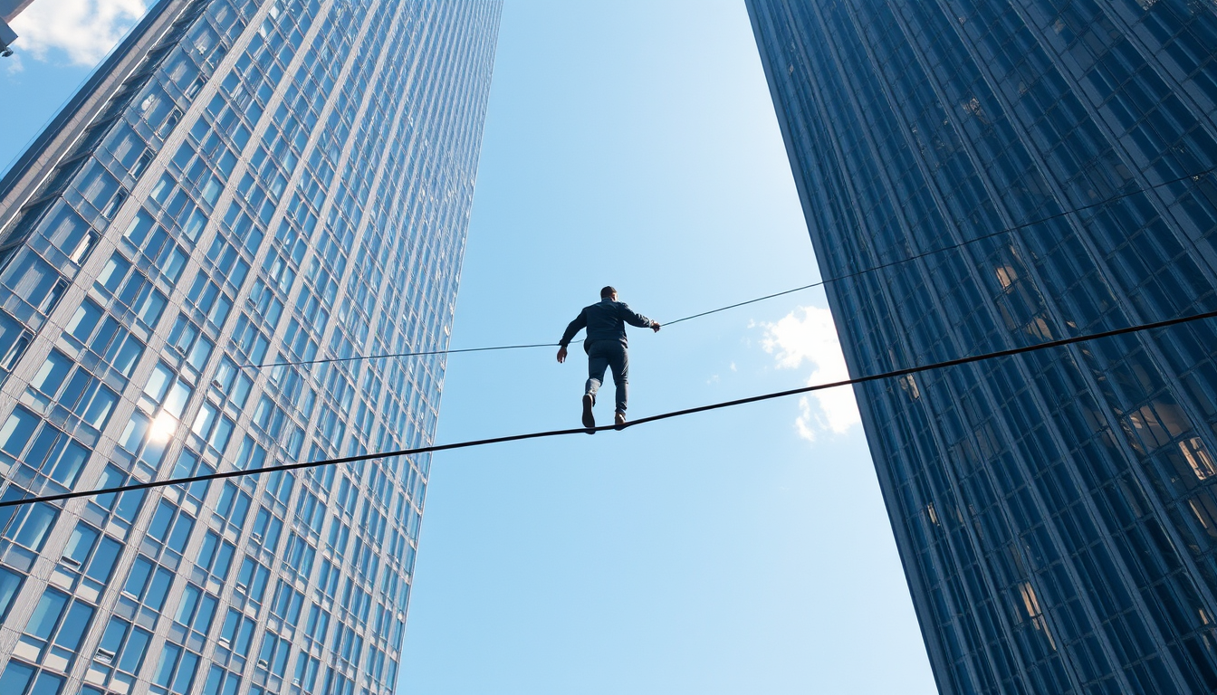 위험한 주식 시장을 상징하는 줄 위를 안전망과 함께 걷는 투자자