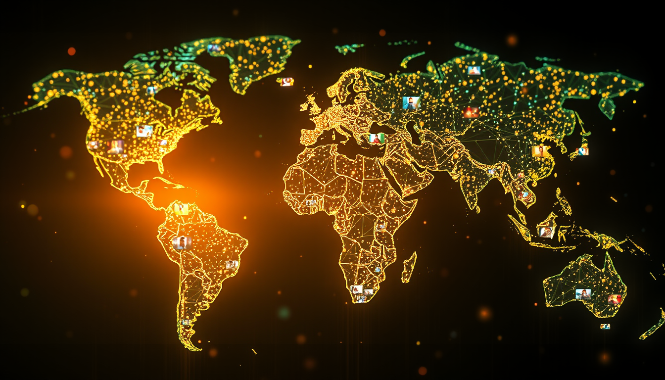 전 세계로 확산되는 K-콘텐츠를 상징하는 빛나는 디지털 세계 지도