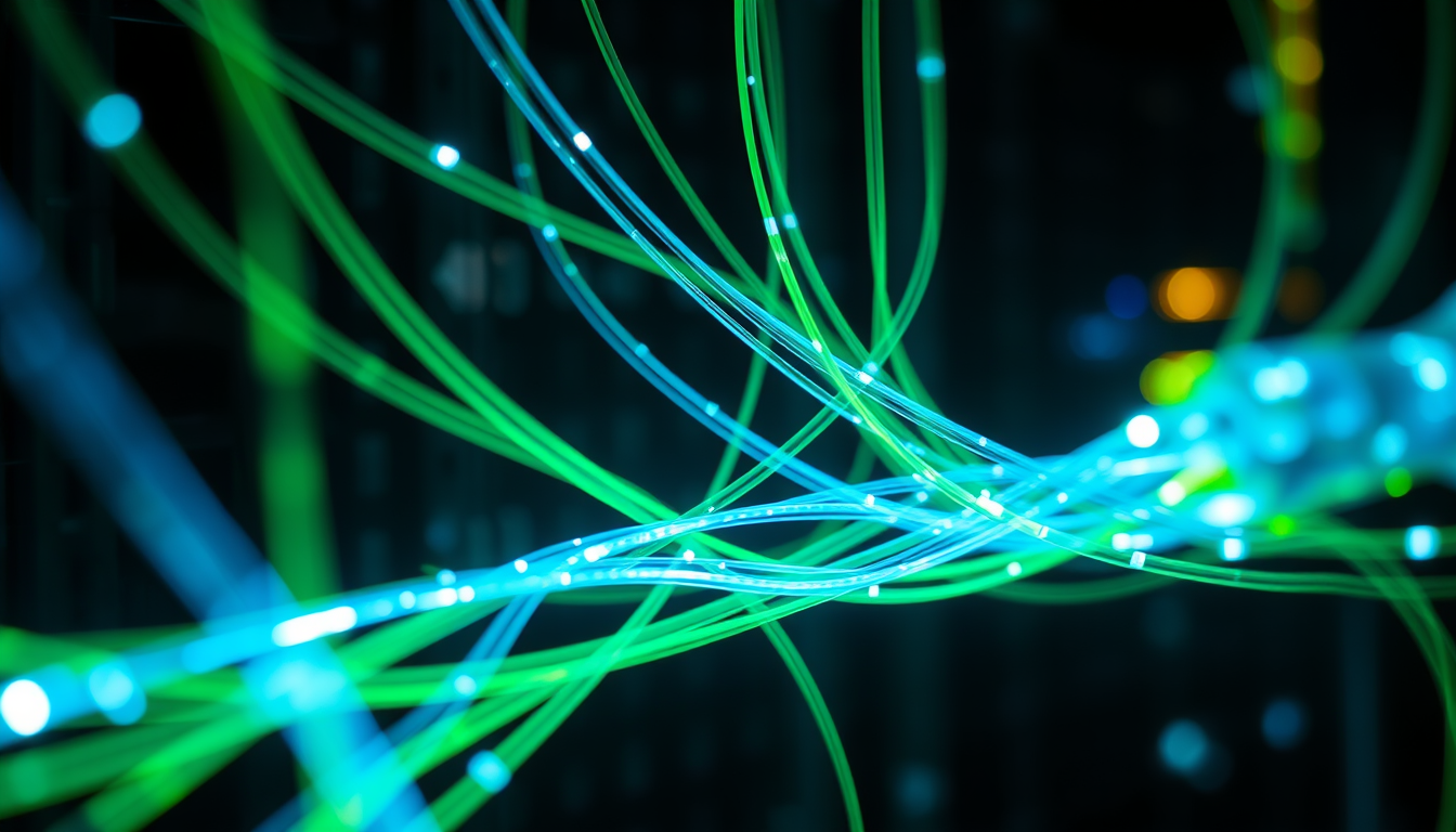 파란색과 초록색의 데이터 광섬유가 중앙 허브에서 완벽하게 통합되어 흐르는 하이브리드 클라우드의 상호 연동성을 표현한 이미지