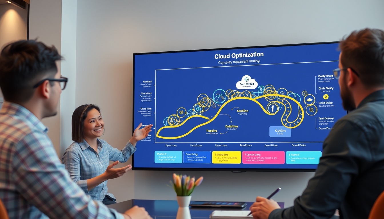 클라우드 전문 컨설턴트가 스타트업 팀에게 맞춤형 비용 절감 로드맵을 제시하는 모습