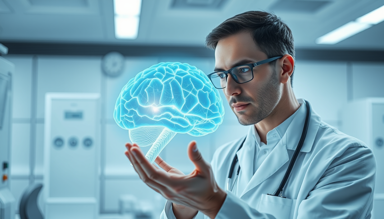 현대적인 연구실에서 뇌 3D 모델을 분석하는 과학자