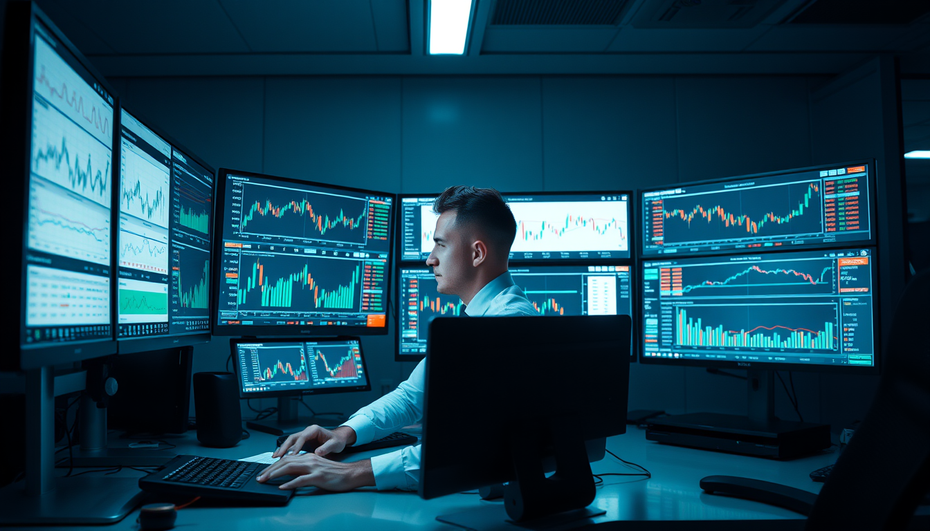 깔끔한 책상 위 여러 모니터에 주식 차트와 데이터를 띄워놓고 집중하는 전문 트레이더의 모습