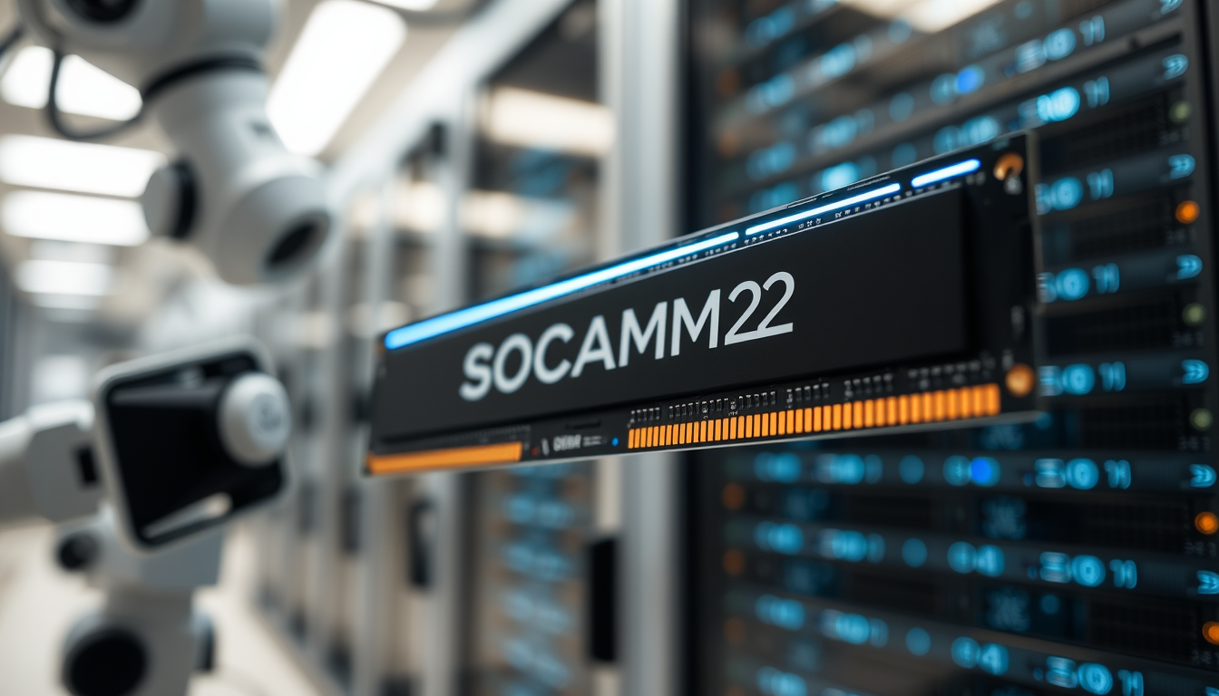 차세대 D램 모듈 SOCAMM2가 로봇팔에 의해 다루어지는 모습