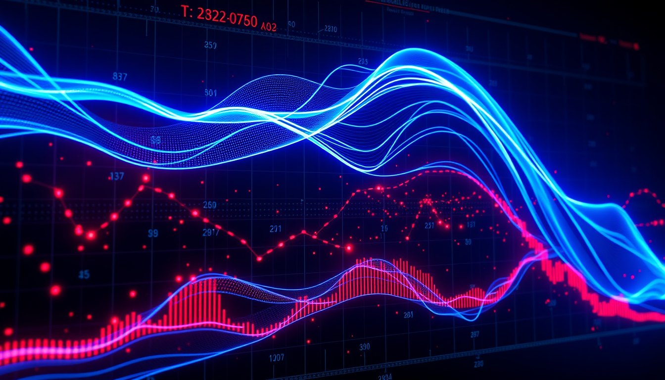 외국인과 기관을 상징하는 거대한 데이터 흐름이 하나의 주식으로 집중되는 홀로그램 이미지