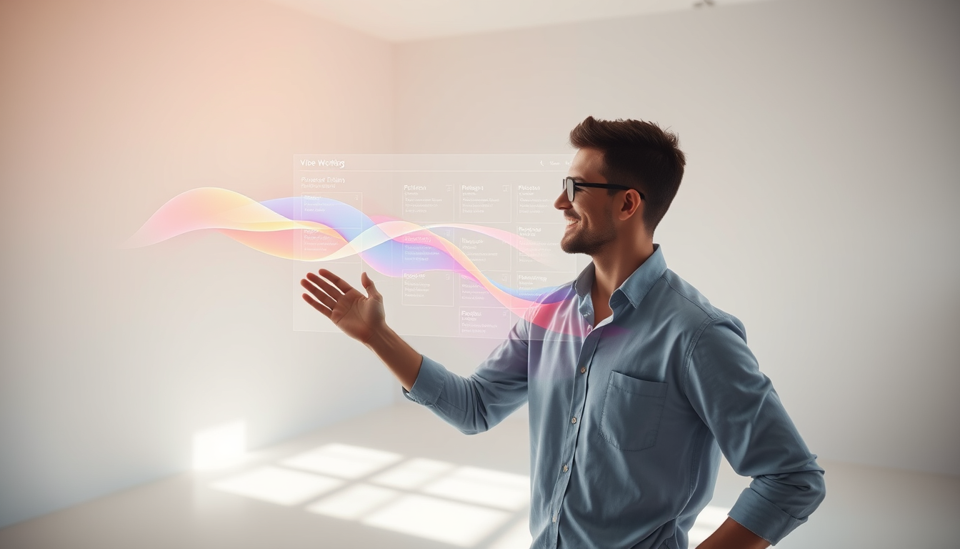 바이브 워킹의 개념을 시각화한 이미지, 창의적인 전문가가 AI와 상호작용하고 있다.