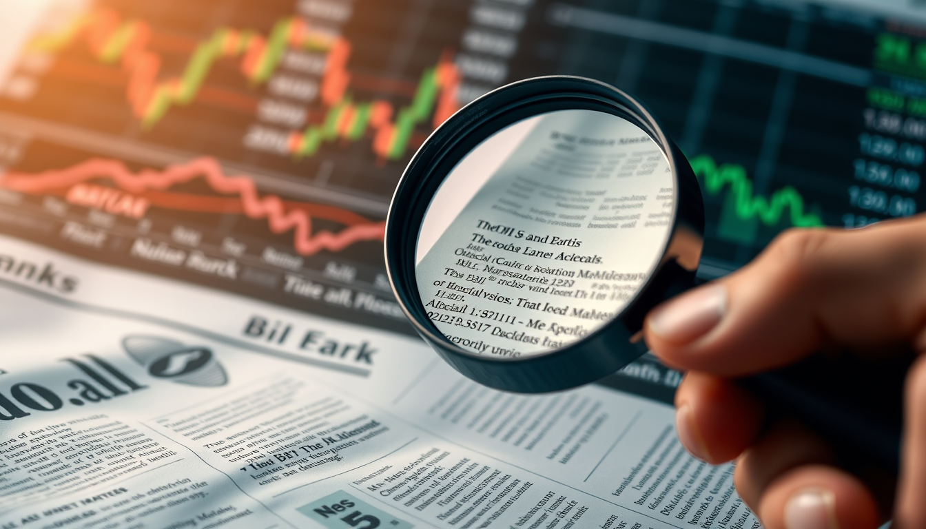 금융 신문의 주가 정보 위에서 특정 기사에 초점을 맞추고 있는 돋보기