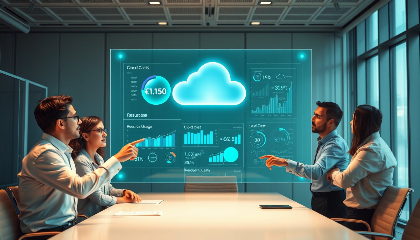 재무팀과 개발팀이 함께 클라우드 비용 데이터를 보며 협업하는 FinOps 문화를 보여주는 이미지