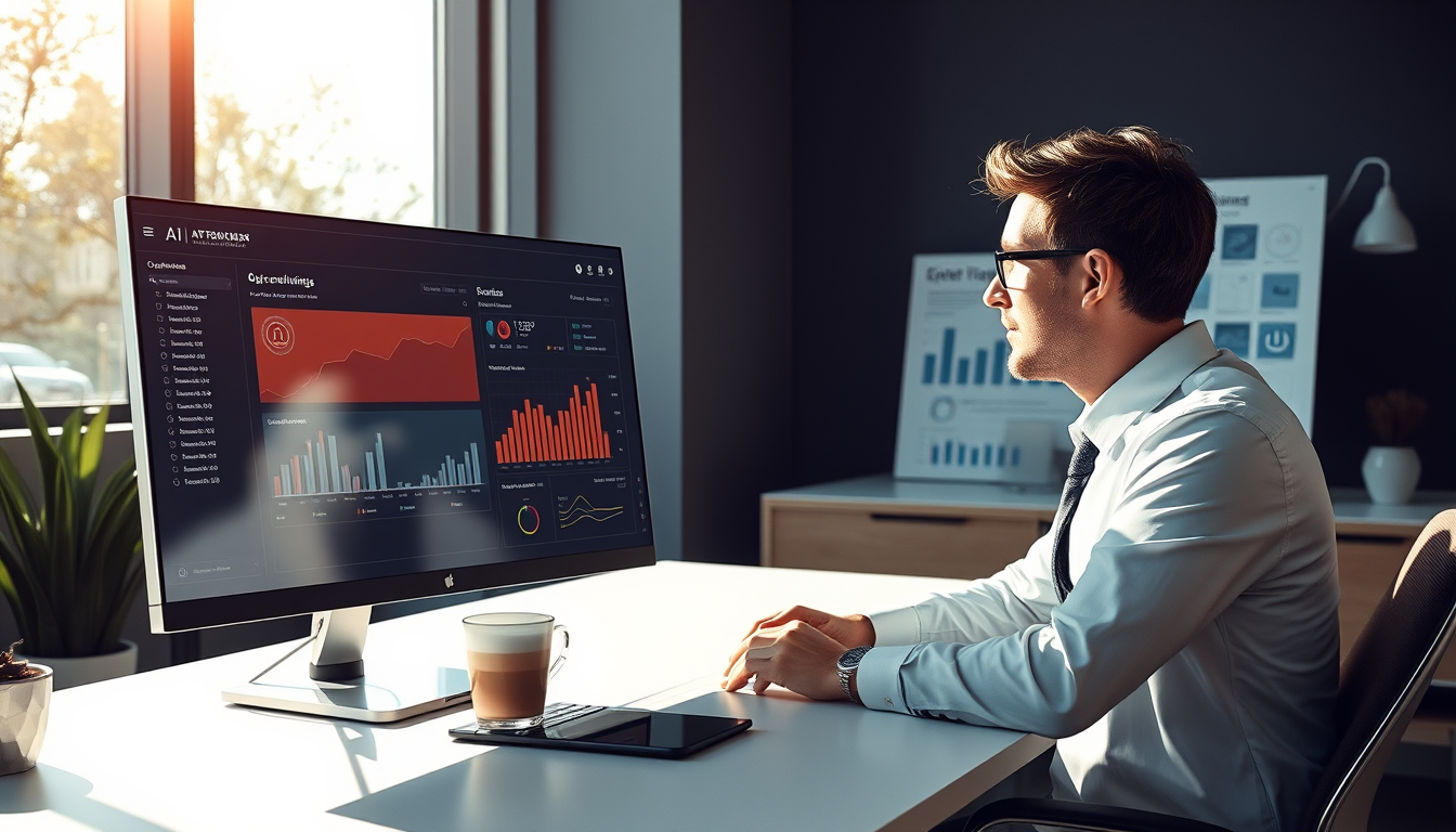 AI 비서가 이메일 분류와 데이터 요약을 자동으로 처리하는 동안, 한 전문가가 사무실에서 편안하게 커피를 즐기고 있는 모습