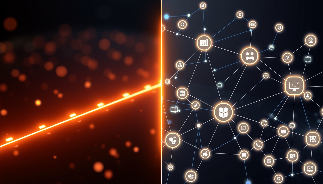 Zapier의 단순한 선형적 워크플로우와 Make의 유연하고 복잡한 비선형적 워크플로우를 시각적으로 나타낸 이미지