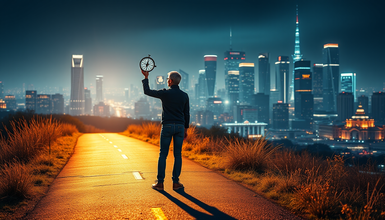 투자 여정의 시작점에 서서 나침반을 들고 길을 선택하는 투자자