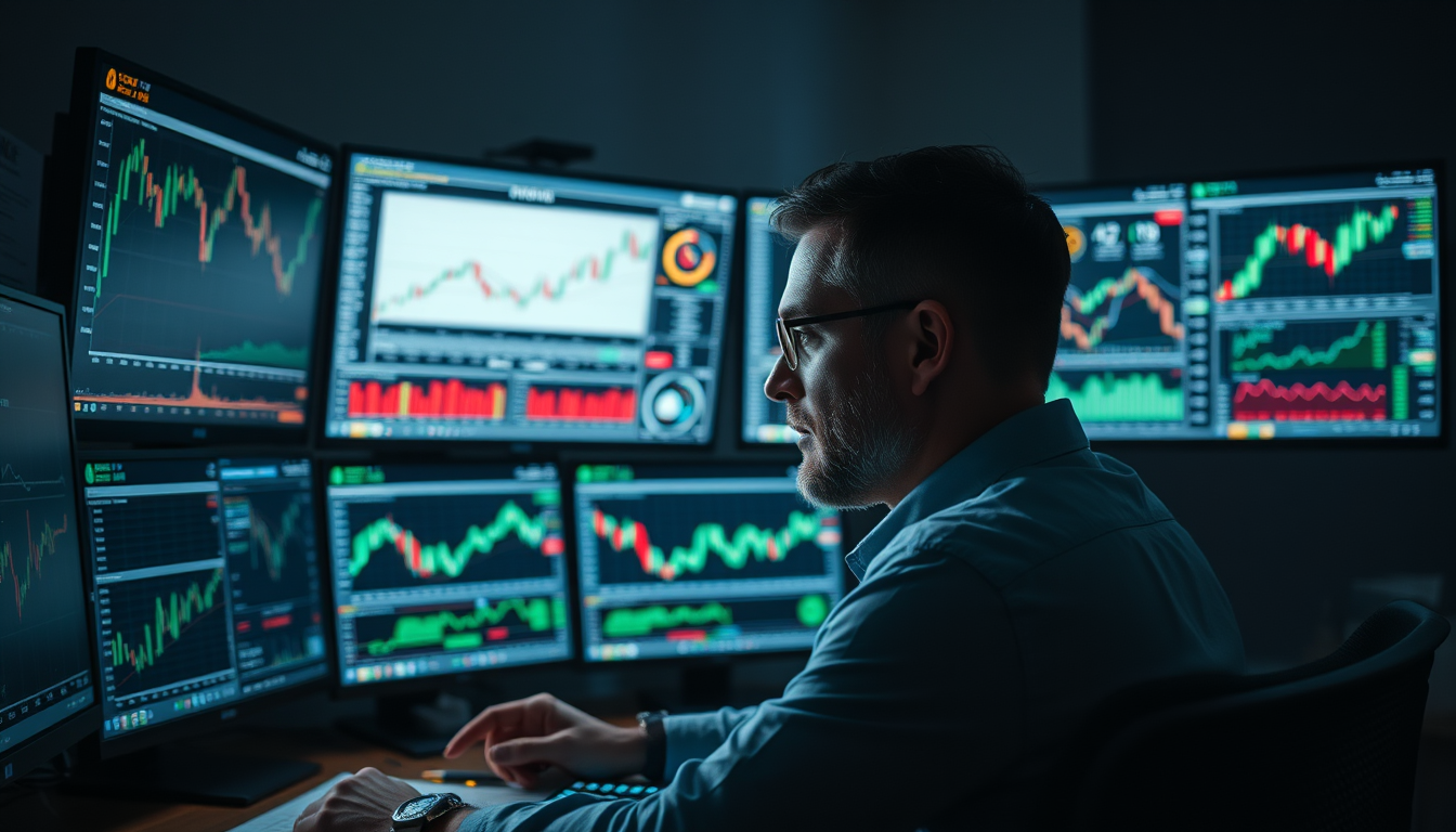 여러 모니터로 주식 차트와 데이터를 분석하는 투자자의 모습