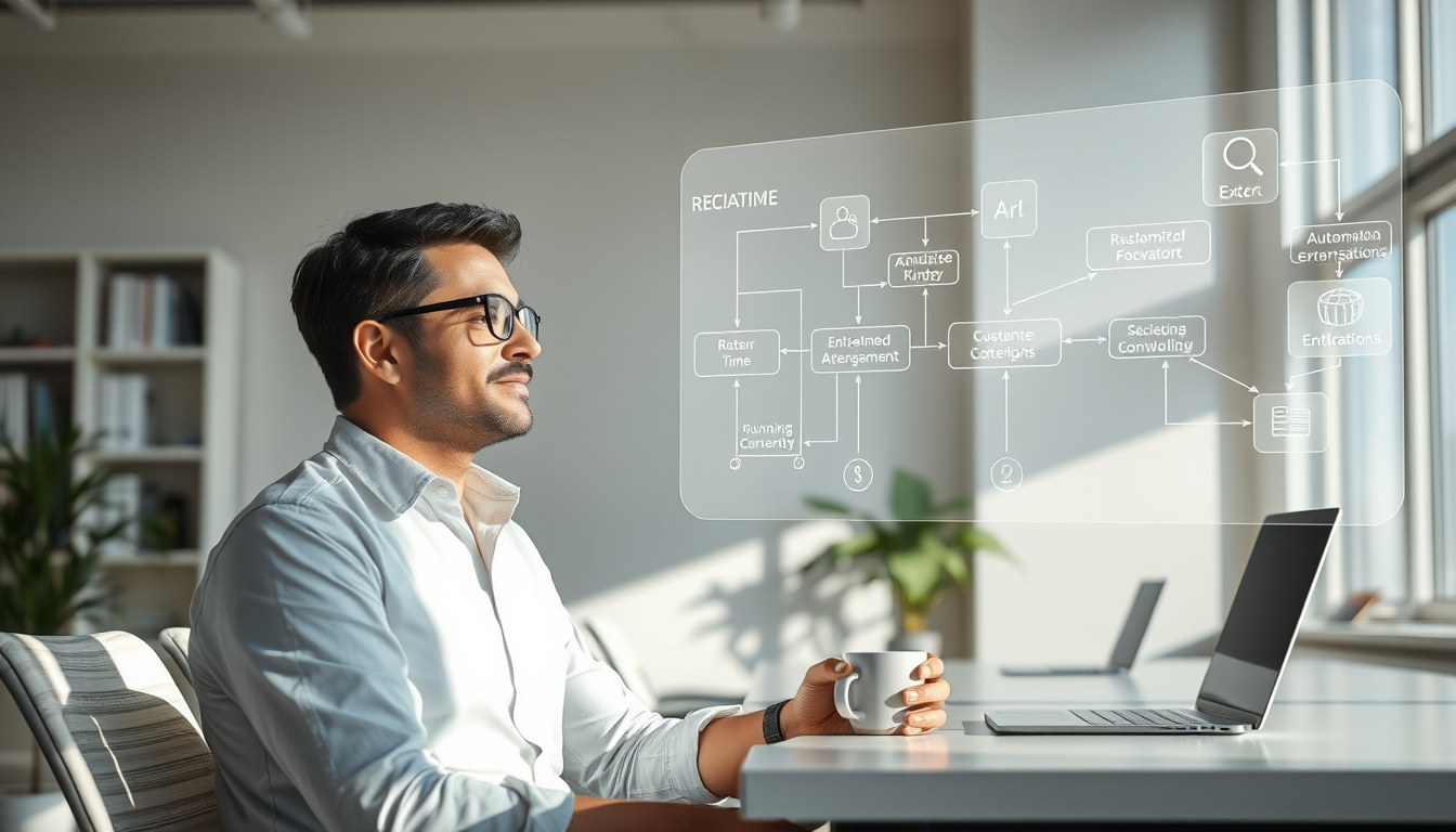 자동화가 성공적으로 작동하는 동안 사용자는 여유롭게 창의적인 활동에 집중하는 모습을 보여주는 이미지