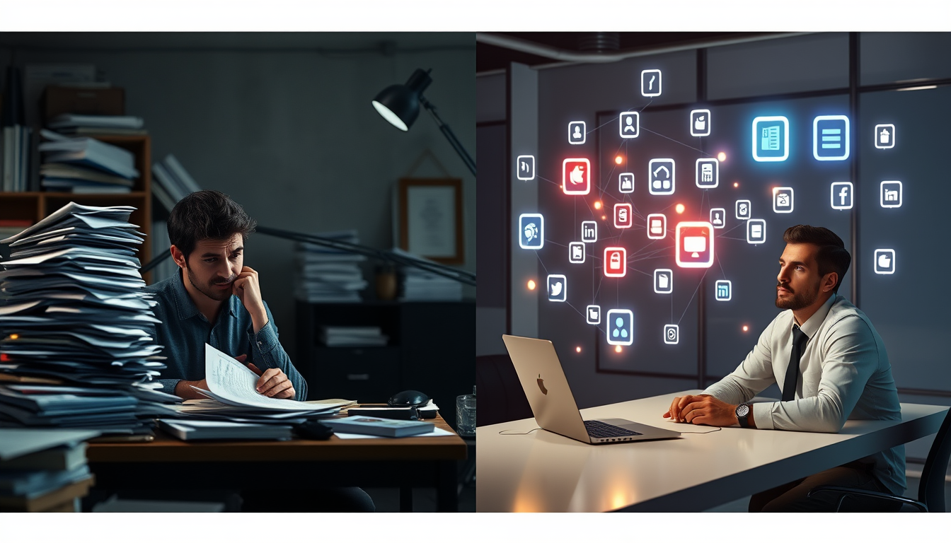 자동화 이전의 복잡한 수작업과 자동화 이후의 효율적인 업무 환경을 극명하게 비교하는 이미지