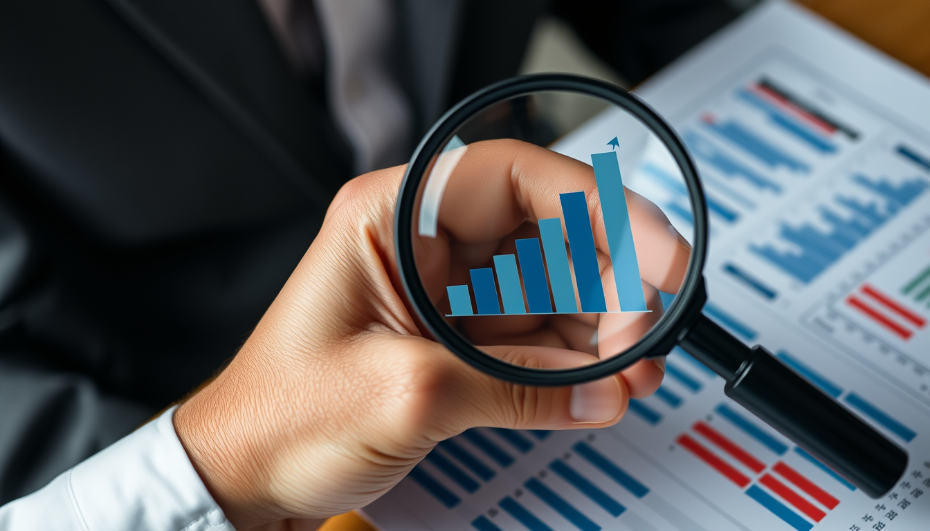 재무제표 위 돋보기를 들고 배당 성장 그래프를 유심히 살펴보는 투자자의 모습.