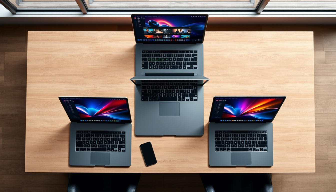 각각 다른 AI 영상 편집 프로그램 화면이 켜져 있는 5대의 노트북이 책상 위에 나란히 놓여있는 모습.