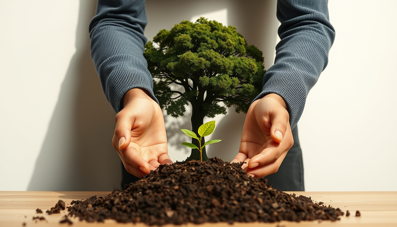 작은 묘목을 심자 벽에 거대한 나무의 그림자가 생겨나는 모습
