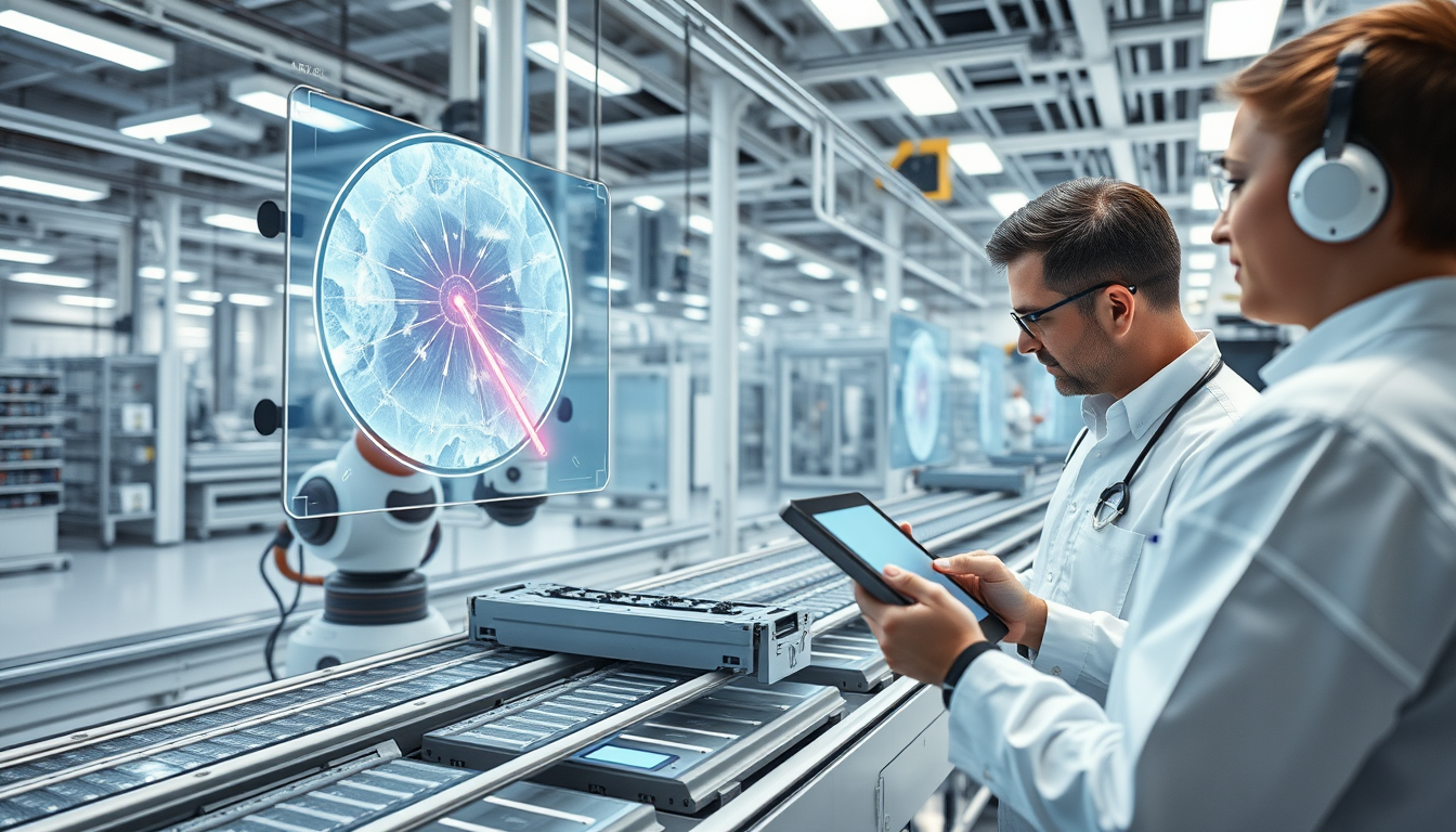 첨단 스마트 팩토리에서 AI 에이전트가 생산 라인의 품질을 실시간으로 검사하고 이상 징후를 감지하는 모습.