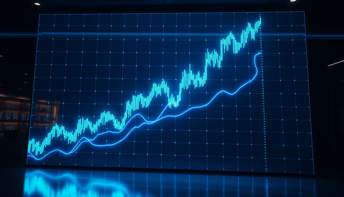 미래 지향적인 주식 시장의 상승 추세를 보여주는 역동적인 그래프