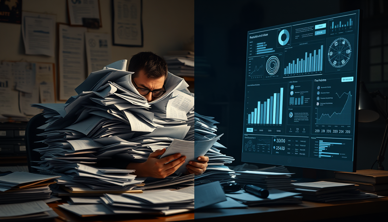 반복적인 서류 업무에 지친 마케터와 그를 돕는 AI 자동화 툴의 극적인 대비