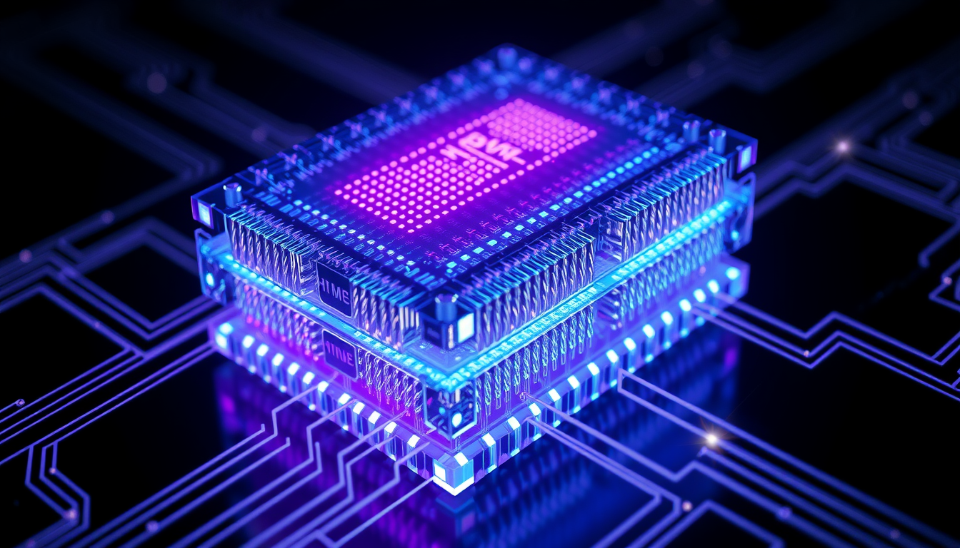 데이터가 빠르게 이동하는 모습을 시각화한 HBM 반도체 칩의 3D 렌더링 이미지