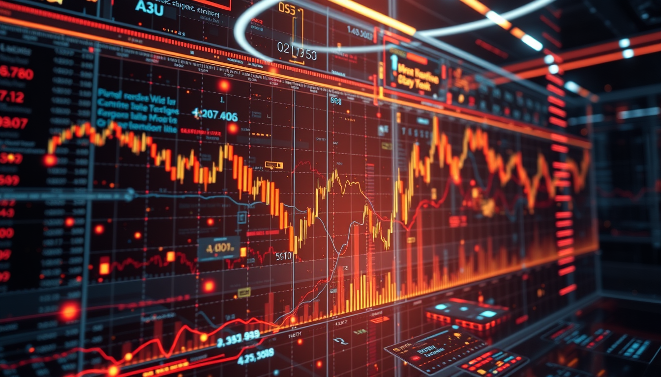 미래형 주식 시장 대시보드를 보여주는 홀로그램 차트와 데이터 스트림 이미지
