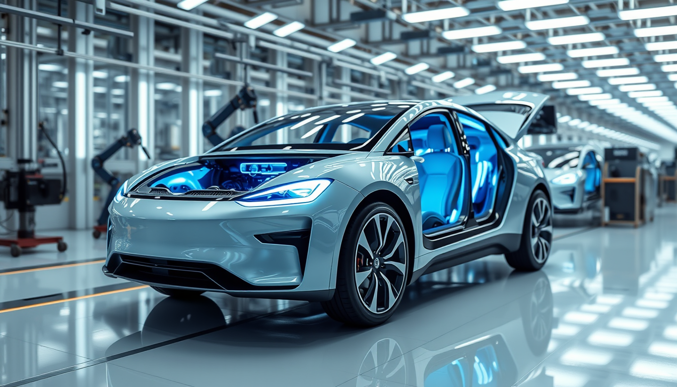 최첨단 생산 라인에서 조립 중인 미래형 전기차와 내부에서 빛나는 핵심 부품을 강조하는 이미지