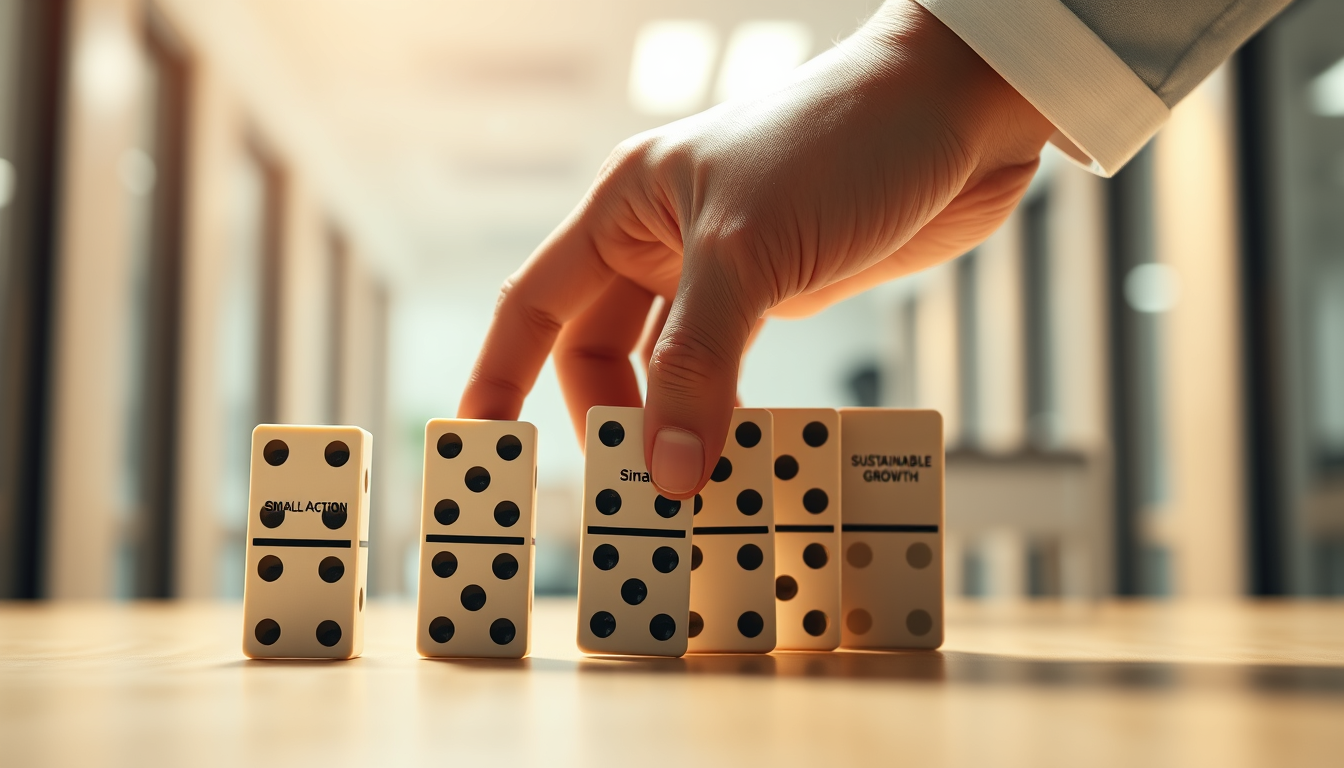 작은 실천이 지속 가능한 성장으로 이어진다는 것을 상징하는 도미노 이미지