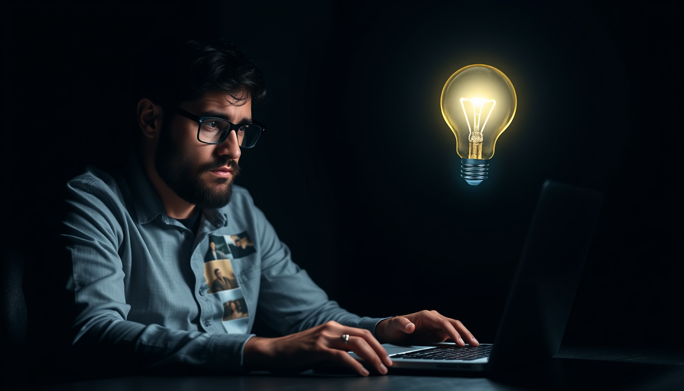 블로그 이미지 저작권 문제로 고민하는 블로거와 그 해결책인 AI 이미지 생성 기술을 상징적으로 표현한 이미지