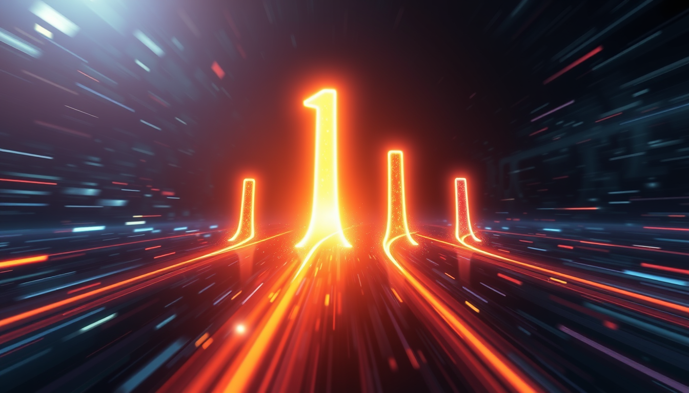 2026년 시장을 선도하는 상위 5개 AI 에이전트를 상징하는 5개의 빛줄기가 역동적으로 경쟁하는 추상적인 이미지