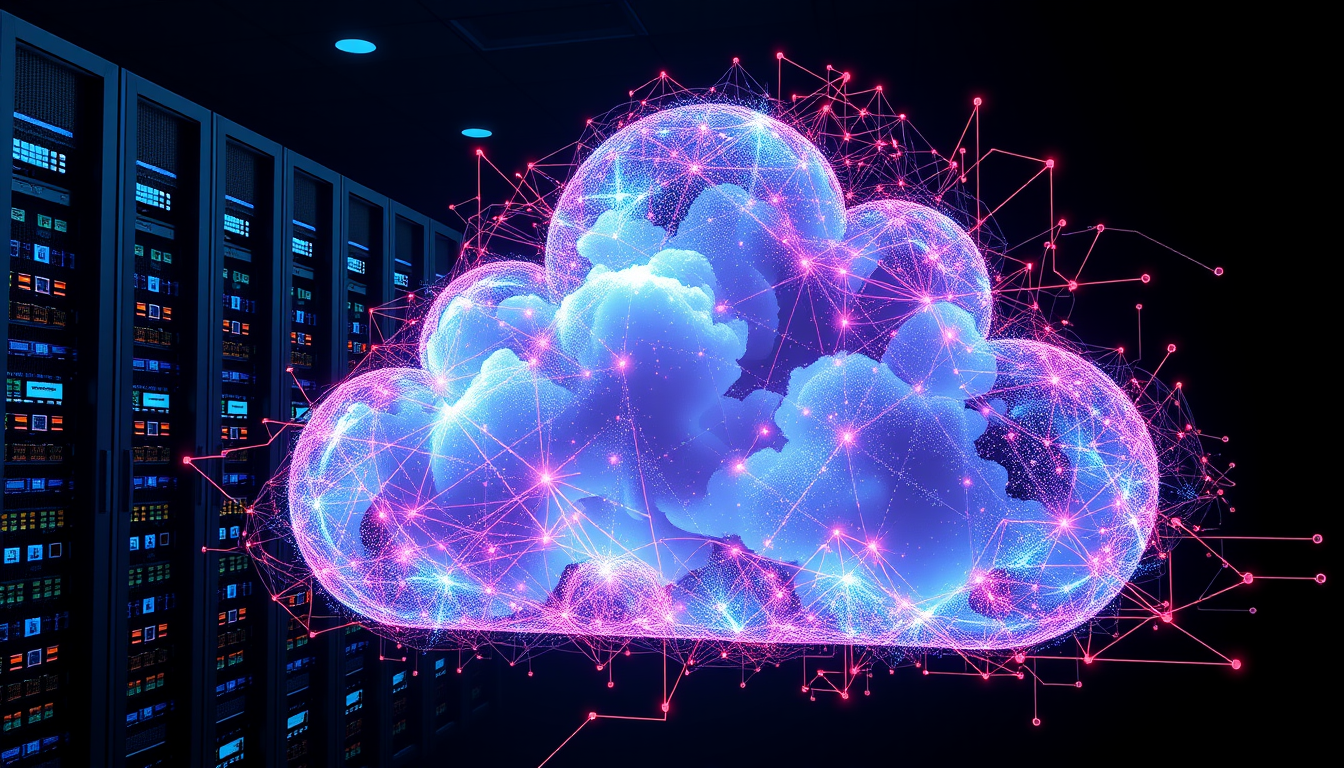 프라이빗 클라우드를 상징하는 데이터 센터와 퍼블릭 클라우드를 상징하는 디지털 네트워크가 합쳐지는 하이브리드 클라우드 이미지