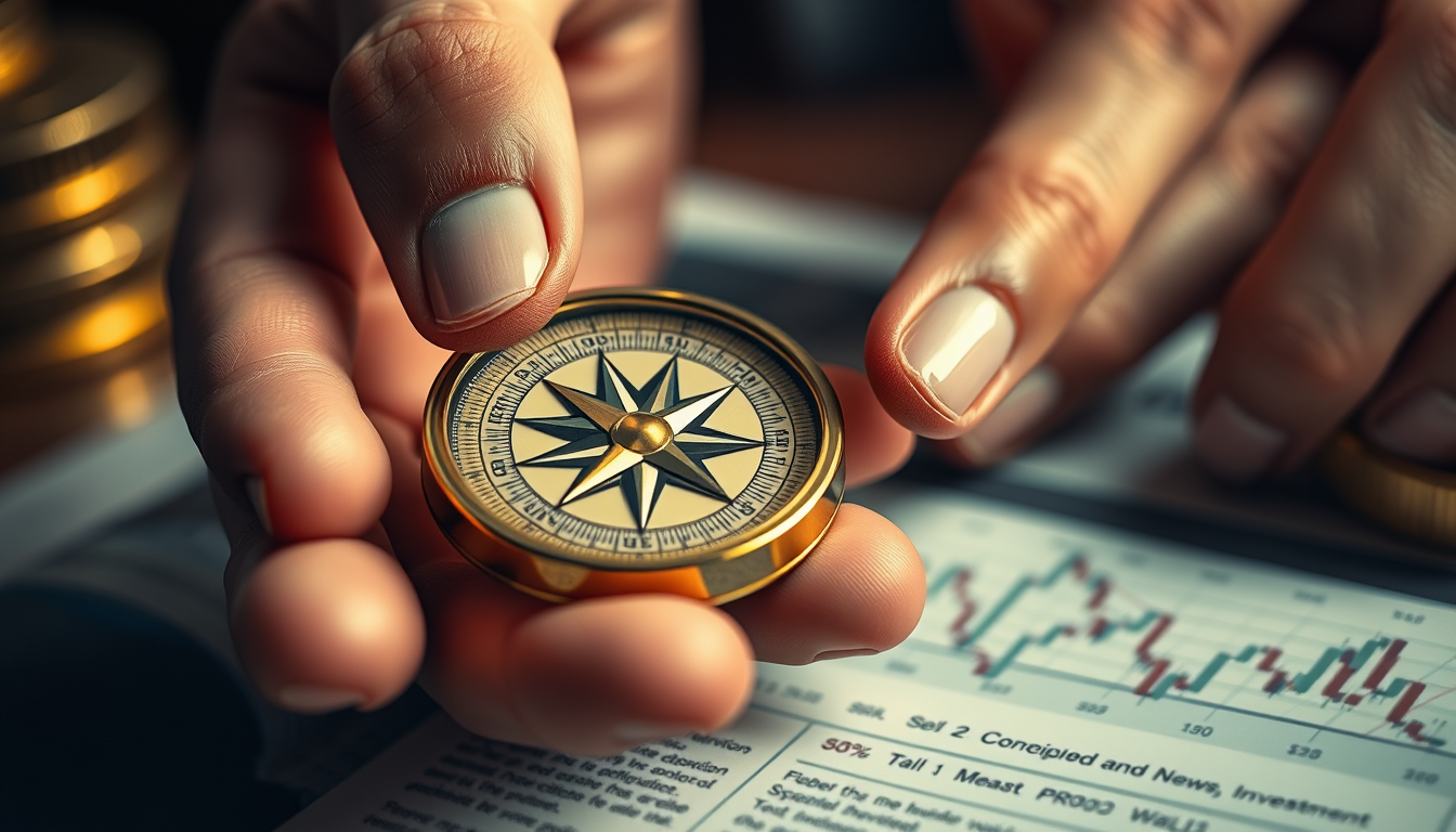 '자산 가치', '정책' 등의 투자 원칙이 새겨진 나침반을 들고 금융 신문 위에서 투자 방향을 잡는 모습