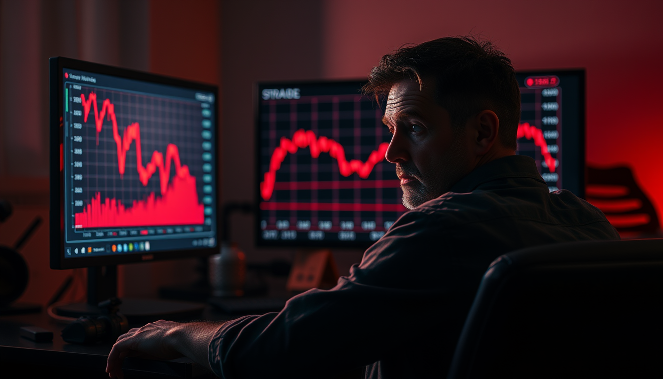 급락하는 주식 차트 앞에서 좌절하는 단타 투자자