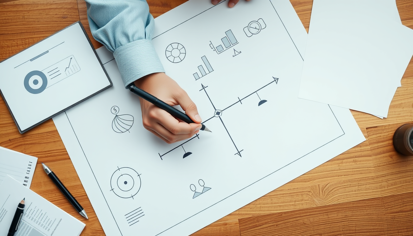 투자 포트폴리오 설계도를 그리며 자신만의 현금 파이프라인을 계획하는 모습.