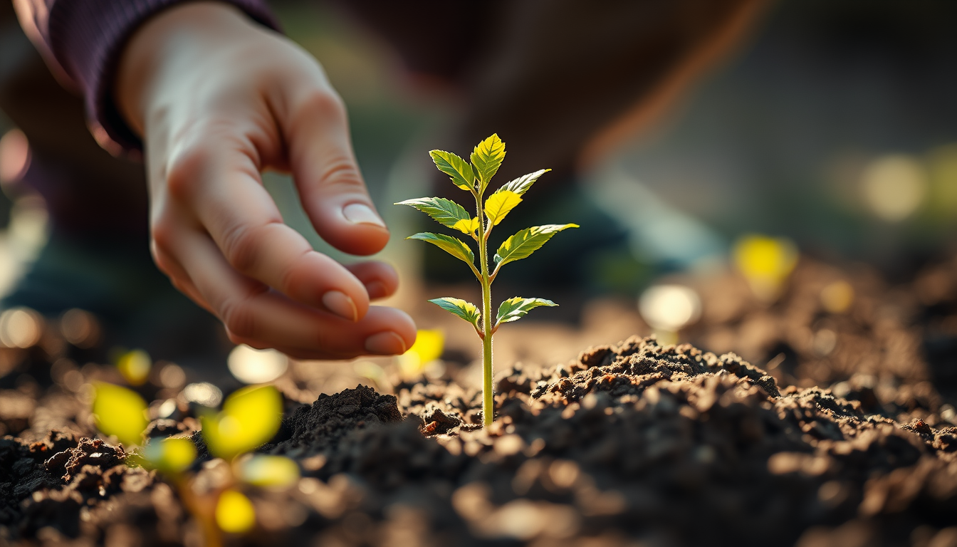 장기적인 관점의 중요성을 보여주는, 흙에 작은 묘목을 심는 손 클로즈업.