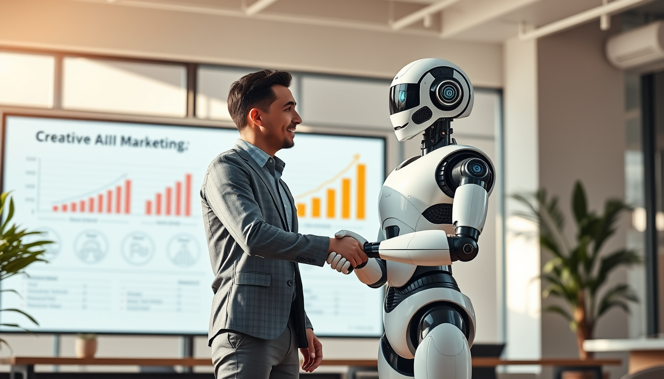인간 마케터와 AI 로봇이 파트너로서 악수하며 협력하는 모습
