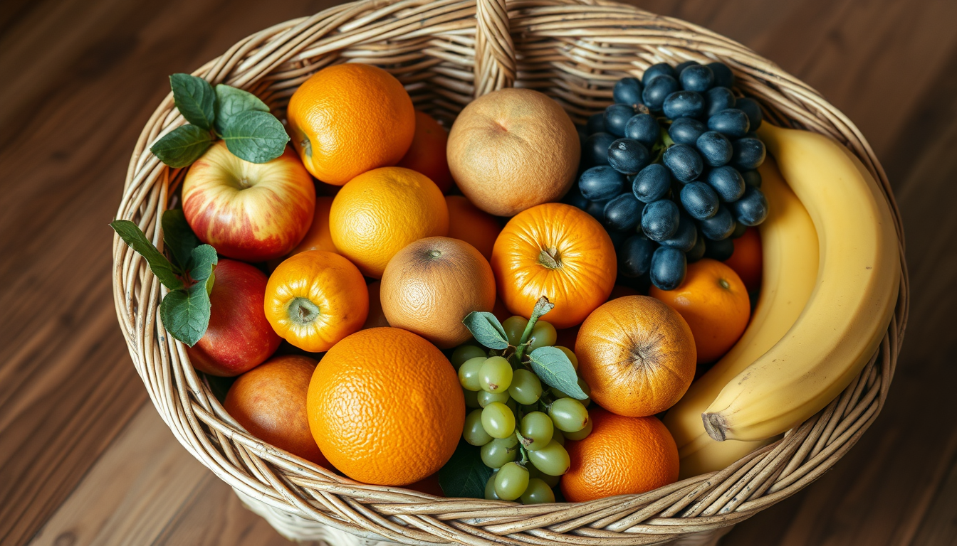 하나의 ETF로 여러 우량주에 분산 투자하는 효과를 상징하는, 다양한 과일이 담긴 바구니.