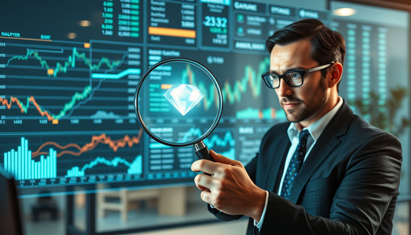 재무 데이터 속에서 보석처럼 빛나는 저평가 우량주를 발견하는 금융 분석가의 모습