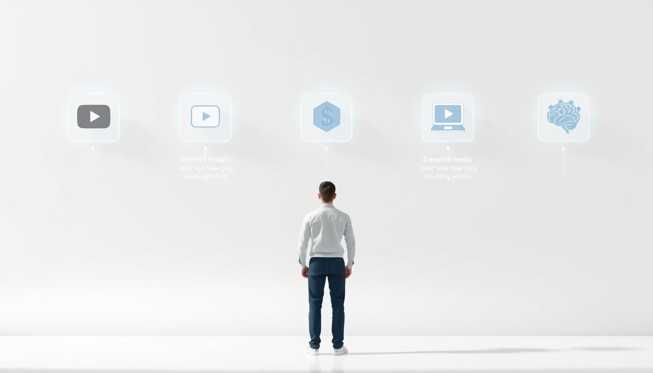 유튜브, 예산, 플랫폼, 기능, 기술 수준 아이콘이 표시된 디지털 순서도 앞에서 자신에게 맞는 AI 영상 편집기를 선택하는 사람.