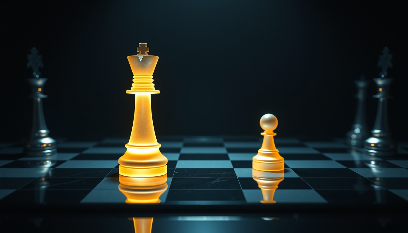 빛나는 체스 말들이 다음 수를 가리키는 이미지 - 주도주를 기반으로 한 후속주 찾기 투자 전략을 상징