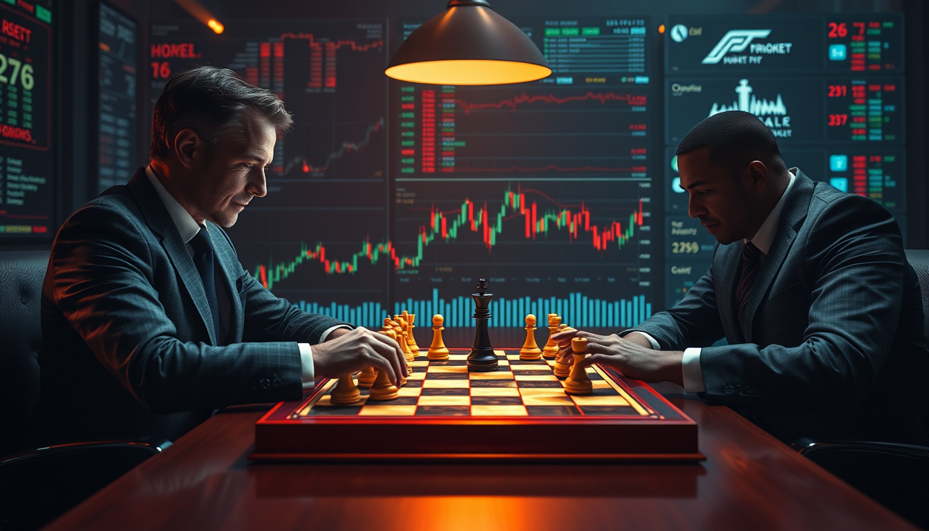 주식 시장을 체스판으로 삼아 전략 게임을 하는 두 명의 트레이더
