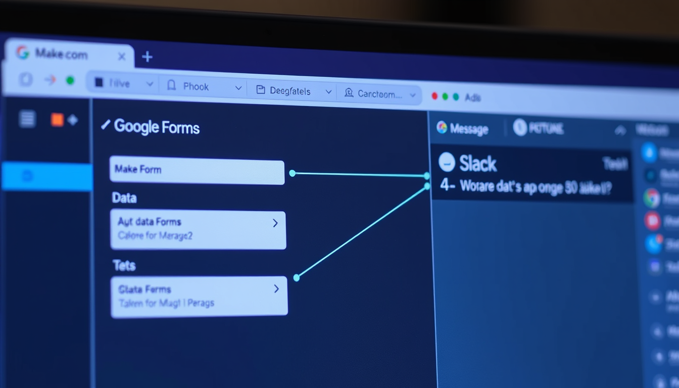 Make.com 화면에서 구글 폼의 데이터를 슬랙 메시지로 매핑하는 과정을 보여주는 이미지