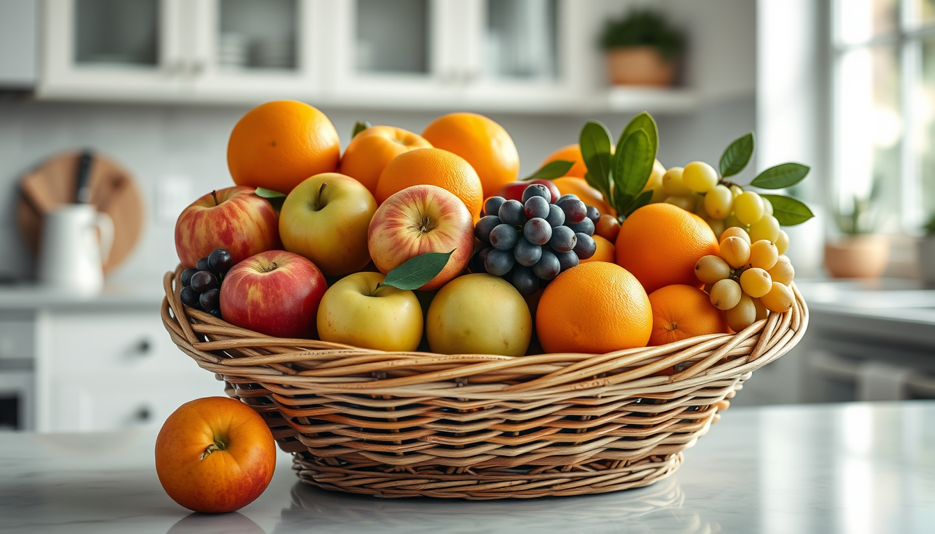 다양한 과일이 담긴 과일 바구니, ETF의 안정적인 분산 투자를 비유.