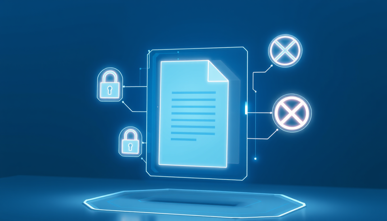 디지털 문서의 접근, 인쇄, 공유 권한을 통제하는 DRM 기술을 시각적으로 표현한 이미지