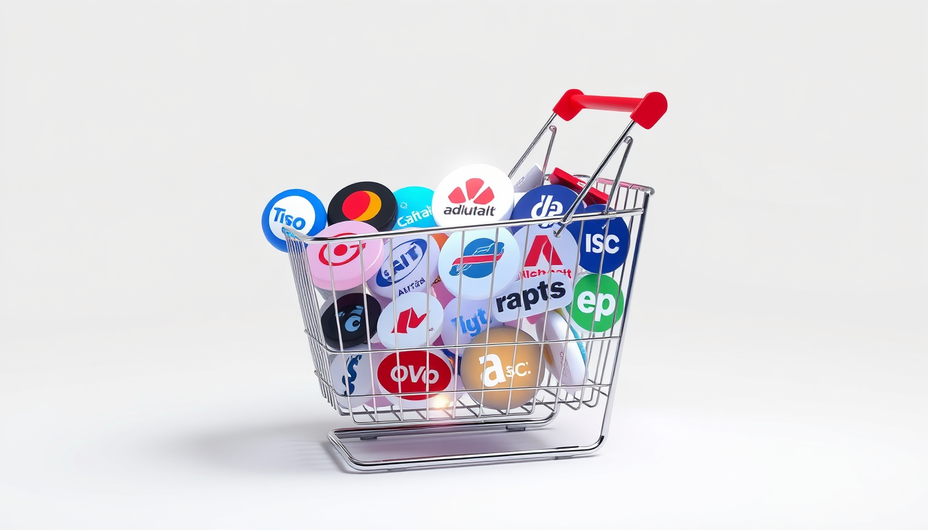 여러 우량 기업의 로고가 담겨 있는 쇼핑 바구니, ETF의 분산 투자 효과를 상징.