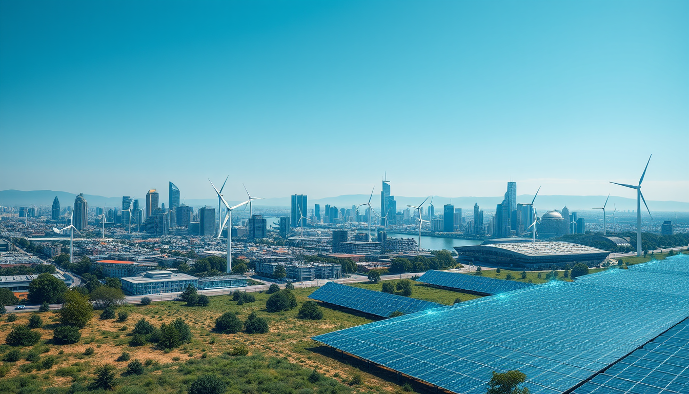 풍력 발전기와 태양광 패널이 설치된 친환경 에너지 도시의 전경