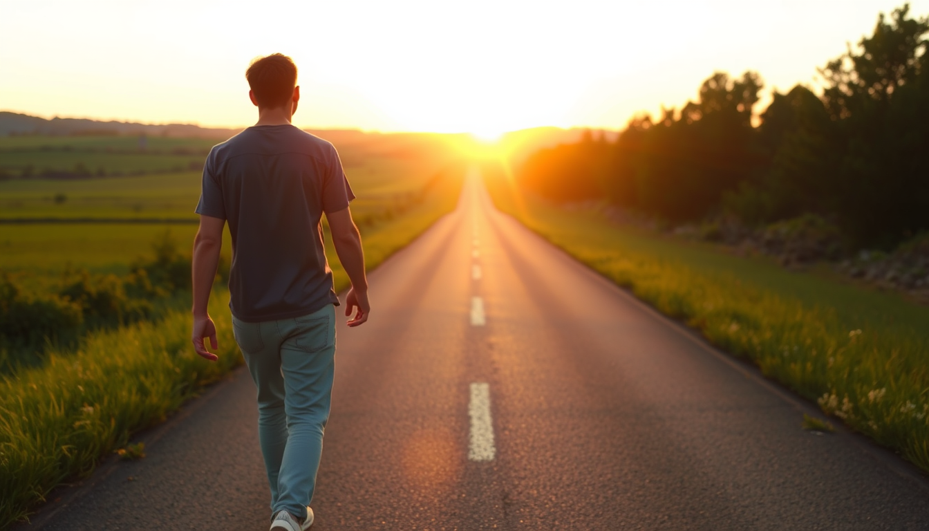 장기 투자라는 꾸준한 여정을 상징하는, 해가 뜨는 지평선을 향해 뻗은 길을 걷는 사람
