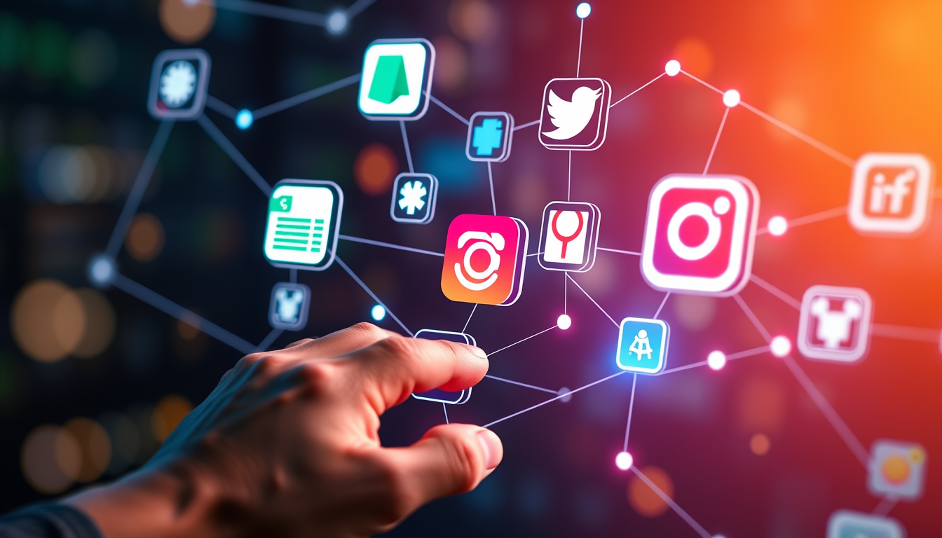 다양한 앱 아이콘들이 레고 블록처럼 시각적으로 연결되어 워크플로우를 구성하는 Make.com의 개념을 표현한 이미지