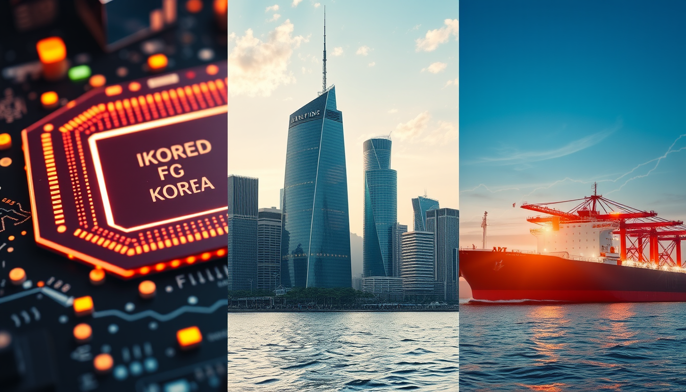 2026년 유망 산업인 반도체, 금융, 방산 및 조선업을 상징적으로 결합한 이미지